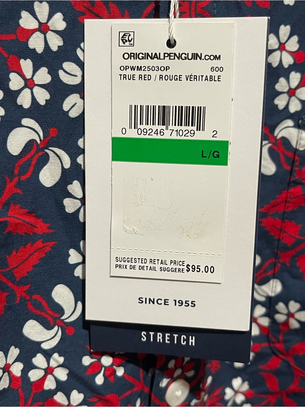 NWT Original Penguin Men’s Large Stretch Floral Button Down Red and Navy Shirt - Picture 4 of 4